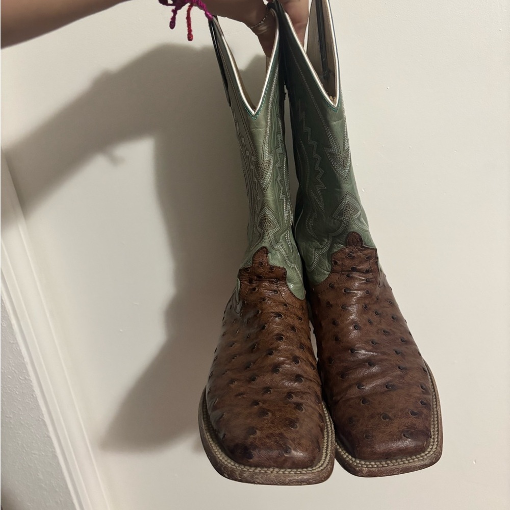 Macie Bean Brown Ostrich Leather & Green Embroidered Heeled Boots